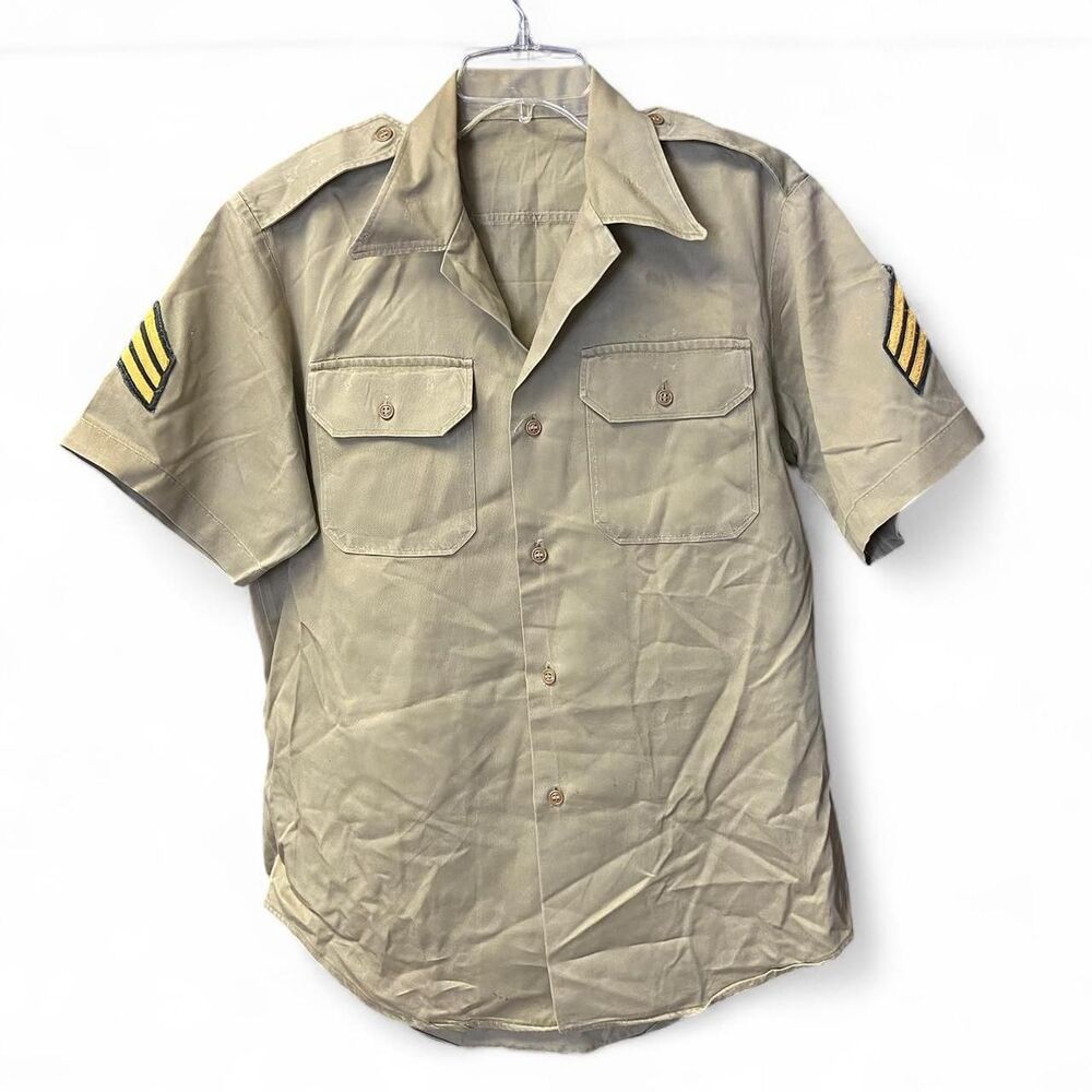 Vtg 50s–70s Vintage Military Khaki Shirt Short Sleeve Army Uniform Style size M